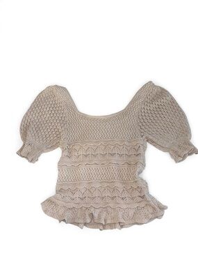 Koko + Mason Cream Crochet Knit Tiered Ruffle Puff Sleeve Blouse
